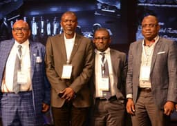 L-R: President, Shipowners Association of Nigeria, Dr. Mkgeorge Onyung; Marine Compliance Advisor, Chevron Nigeria Limited, Mr. Arthur Temple; Managing Director, NLNG Ship Management Limited, Mr. Abdul-Kadir Ahmed, and Managing Director, Shell Nigeria Exploration and Production Company, Mr. Bayo Ojulari, at the opening session of the First Lagos International Shipping Expo held in Lagos... on Wednesday, Nov. 27, 2019.

 