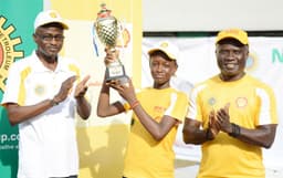 Lagos Liaison Officer, Federal Ministry of Youths and Sports, Dr. Segun Olaitan; Most Outstanding Female Player, 13-year old Rebecca Ekpeyong in the U-14 category; and the Human Resources Director, Shell Nigeria Exploration and Production Company, Mr. Obinna Anaba, during the presentation of trophy to Ekpeyong at the finals of the 2017 edition of the NNPC/SNEPCo Junior Open Tennis Championships held at the Lagos Lawn Tennis Clubâ€¦ on Saturday, March 11, 2017.