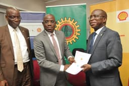L-R: Incoming Vice Chancellor, University of Lagos, Prof Oluwatoyin Ogundipe; Managing Director, Shell Nigeria Exploration and Production Company Limited, Mr. Bayo Ojulari; and outgoing Vice Chancellor, Prof. Rahman Bello, during the signing of an MoU for the building of a Geoscience Centre of Excellence for the University by SNEPCo and its co-venture partnersâ€¦ in Lagos on Wednesday, Nov. 1, 2017.