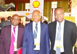 L-R: Managing Director, Shell Petroleum Development Company and Country Chair Shell Companies in Nigeria, Osagie Okunbor, welcoming Secretary General, Organisation of Petroleum Exporting Countries, Muhammad Barkindo; and the Minister of State, Ibe Kachikwu, to the Shell stand at the ongoing 16th edition of the  Nigeria Oil and Gas Conference and Exhibition in Abuja... on Tuesday.
