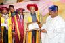 The Pro Chancellor, Chairman  Governing Council Oduduwa University, Osun State, Chief Ramon Adegoke Adedoyin, Vice Chancellor, Prof J. Adeleke Ogunwale, CBN Governor, Mallam Sanusi Lamido Sanusi, and Chairman of Protocol Committee, Alh S. A. Nofiu, at the conferment of honourary doctorate degree on Sanusi on  Nov. 23, 2013.