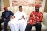 L-R: Former President of the Senate, David Mark, Senate Minority Leader, Godswill Akpabio, during a solidarity visit to the Deputy Senate President, Ike Ekweremadu in his Apo home after security operatives laid siege to his house and prevented him from attending plenary on Tuesday, July 24, 2018.