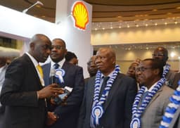 Lead, Subsurface Shallow Water, Shell Nigeria Exploration and Production Company (SNEPCo), Kefe Amrasa; Shellâ€™s Vice President, Health, Safety and Environment, Osa Igiehon; former Group Managing Director of the Nigerian National Petroleum Corporation (NNPC), Funsho Kupolokun; and the Group Managing Director of NNPC, Maikanti Baru, during an inspection of Shell stand at the opening ceremony of the 2018 edition of the Society of Petroleum Engineers Annual Conference and Exhibition in Lagos â€¦on Monday, Aug. 6, 2018. 