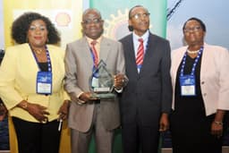 L-R: Director General, Federal Institute of Industrial Research, Lagos, Dr. Gloria Elemo; Managing Director, Shell Nigeria Exploration and Production Company (SNEPCo),  Mr. Bayo Ojulari; SNEPCo Portfolio Manager, Mr. John Eweje; and SNEPCo Communications Manager, Mrs. Sola Abulu, at the Opening Session of the 2016 Offshore West Africa Conference in Lagos on Tuesday, Jan. 26, 2016. SNEPCo was conferred with the only award of the conference, the Loyalty Award.