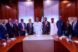 L-R: General Manager, Business and Government Relations of Shell Nigeria, Bashir Bello; Country Chair, Shell Companies in Nigeria and Managing Director, The Shell Petroleum Development Company of Nigeria Limited, Osagie Okunbor; Shellâ€™s Vice President for Nigeria and Gabon, Peter Costello; Group Managing Director, Nigeria National Petroleum Corporation, Mele Kolo Kyari; Chief Executive Officer, Royal Dutch Shell, Ben van Beurden; President Mohammadu Buhari; Minister of State for Petroleum Resources, Timipreye Silva; Chief of Staff to the President, Abba Kyari; Secretary to the Government of the Federation, Boss Mustapha; Senior Special Assistant to the President on Petroleum Matters, Amina Ado; and Executive Vice President, Government Relations of the Shell Group, John Crocker, during a visit of Shell senior executives to the President in Abuja . . . Tuesday, Nov. 26, 2019.