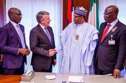 L-R: Group Managing Director, Nigeria National Petroleum Corporation, Mele Kolo Kyari; Chief Executive Officer, Royal Dutch Shell, Ben van Beurden; President Mohammadu Buhari; and Minister of State for Petroleum Resources, Timipreye Silva, during a visit of the Shell Group CEO to the President in Abuja . . . Tuesday, Nov. 26, 2019.