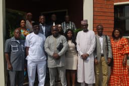 1299: The CEO of Ghana Free Trade Zone Board (GFTB), Mr. Michael Okyere Baafi, Wednesday paid a courtesy call on his NEPZA counterpart, Rt. Hon. Emmanuel Jime, the Authority's Headquarters in Maitama, Abuja. The NEPZA MD (in white),with some members of his management team, poses for a group photograph with the Ghanain delegation, led by  the CEO of Ghana Free Trade Board (GFTB), Mr. Michael Okyere Baafi.
