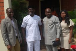 1306:  NEPZA MD, Hon. Emmanuel Jime (in white), with some management staff of the Ghana Free Trade Board (GFTB) who paid him a courtesy call on Wednesday at the Authority's Head-Office in Maitama, Abuja.
On his immediate left is the CEO of GFTB,  Mr. Michael Okyere Baafi.  (left).
