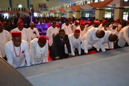 Governor David Umahi of Ebonyi State (wearing suit) and fathers during the 2017 Fathers' Day celebration by the Christ Embassy Church in Abakaliki on Sunday
