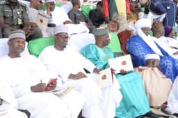 L-R: Attorney General of the Federation and Minister of Justice, Abubakar Malami; Kwara State Governor, Dr Abdulfatah Ahmed; Representative of the Senate President, Alhaji Saka Isau (SAN) and Emir of Ilorin, Alhaji Ibrahim Sulu Gambari, during the 8th day fidau prayer for late Justice Mustapha Akanbi at metropolitan square, Ilorin, on Sunday, June 10, 2018.

