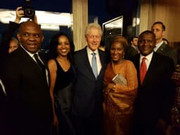 President/CE, Dangote Industries Limited, Aliko Dangote; Halima Dangote, Executive Director, Dangote Industries Limited; Chairman, Heirs Holdings, Tony Elumelu and Mimi Alemayehou, Blackstone, celebrating with Former President Bill Clinton at his 70th birthday at the Rockerfeller Plaza, New York. 
