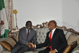 The Executive Governor of Plateau State, Mr. Simon Lalong and Chairman, UBA Plc and Heirs Holdings, Mr. Tony Elumelu, during the visit of the later to his office in Jos on Tuesday. Elumelu was in Plateau where he delivered a paper titled Entrepreneurship, Corporate Social Responsibility and Africapitalism: The Role of the Private Sector in Fighting Poverty in Nigeria at the National Institute for Policy and Strategic Studies, Kuru, Plateau State, on Aug. 23, 2016.