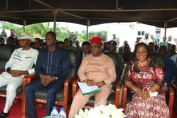 Governor David Umahi of Ebonyi State (2nd right); Speaker of the  House of Assembly, Francis Nwifuru (3rd right); state Chairman of the Peoples Democratic Party, , Barr. Onyekachi Nwaebonyi (left); and Focal Person of the Sustainable Development Goals, Dr. Ngozi Obichukwu, at the flag off of the 2015 Ebonyi State SDGs Water Projects in three Senatorial zones in Abakaliki on ...Thursday. Photo: EBSG