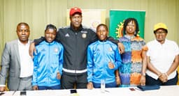 L-R: Social Performance Manager, Shell Petroleum Development Company, Emmanuel Ekpenyong; 2016 NNPC/Shell Cup Most Valuable Player, Joseph Ejeh of FOSLA Academy, Abuja; Shell's General Manager, External Relations, Igo Weli; Second MVP, Kelvin Amadi of Excel School, Port Harcourt; Community Relations Manager, National Petroleum Investment Management Services, Tolu Derin-Adefuwa; and Shell's Communications Manager, Sola Abulu, at a reception last Saturday for the MVPs on their return from a training tour at Feyenoord Academy, The Netherlands.