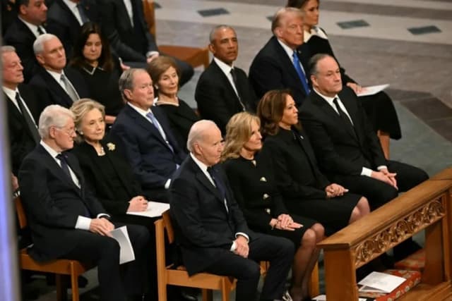 Handshakes, smiles and stares as five US presidents meet at Carter's funeral