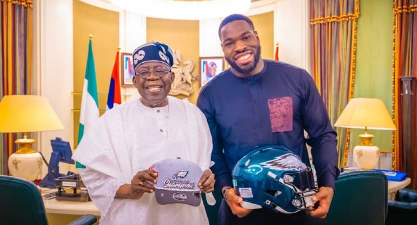 ‘You can mentor many youths,’ Tinubu receives Super Bowl Winner Ojomo