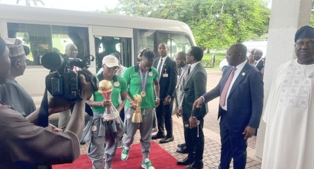 Victorious Super Falcons land in Aso Villa for presidential reception