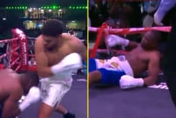 Anthony Joshua’s 6ft 8in prospect drops opponent three times in blistering first-round KO