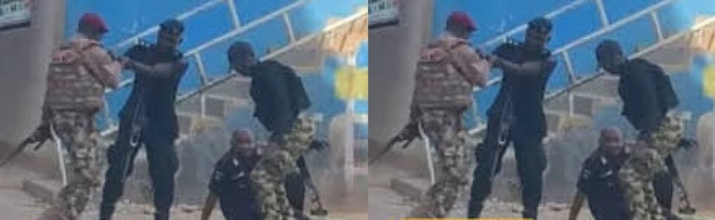 Soldiers, policemen in physical combat at shopping mall