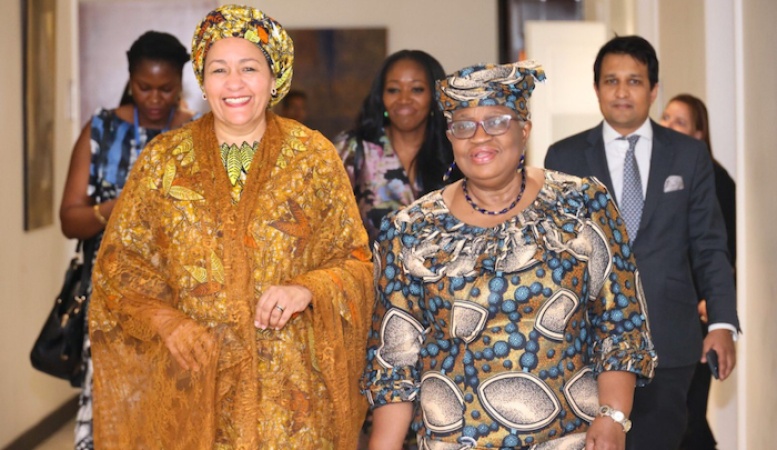  Okonjo-Iweala welcomes ‘younger sister’ Amina Mohammed to WTO Headquarters