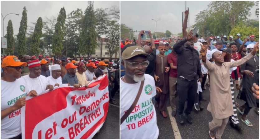 BREAKING: Atiku, Obi, Amaechi, Kwankwaso, Aregbesola, Mark lead ‘Save Democracy’ protest in Abuja 