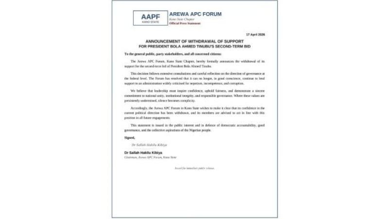 Arewa APC Forum withdraws support for Tinubu’s second-term bid