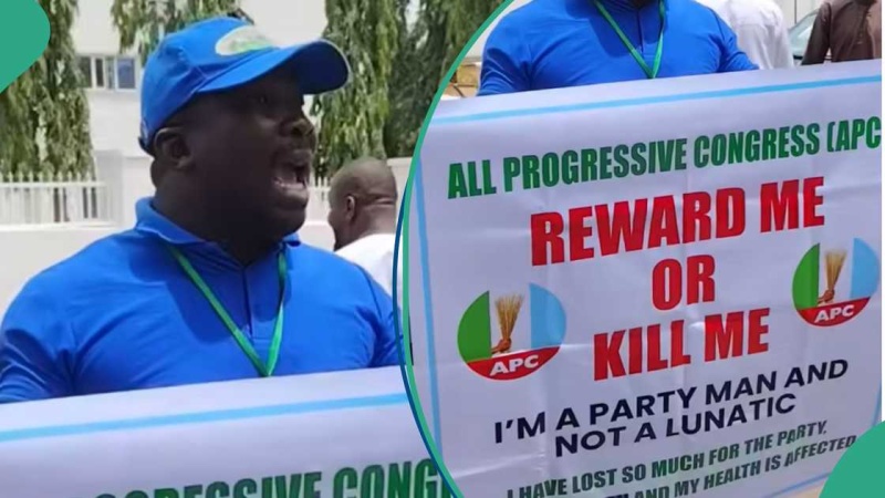 ‘Reward or kill me’, Aggrieved APC supporter protests in Abuja