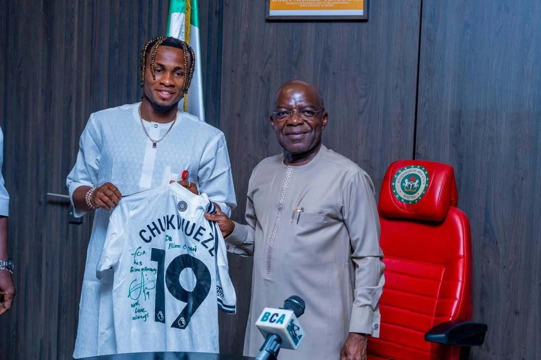 Otti hosts Super Eagles Chukwueze, unveils Abia stadium city plan