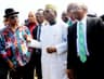 L-R Anambra state Governor, Chief Willy Obiano, Minister of Agriculture, Chief Audu Ogbe, CBN Governor, Mr Godwin Emefiele during the inspection tour of the Rice farms under the Anchor Borrowers Programme in Anambra state on Thursday, October 19, 2016.