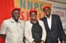 L-R: President, Nigeria Schools Sports Federation, Mallam Ibrahim Muhammad; Communications Manager, Shell Nigeria, Mrs. Sola Abulu; and former Super Eagles striker and CEO, Worldwide Sports, Chief Olusegun Odegbami, at a press conference to announce the commencement of the 2016 edition of the NNPC/Shell Cup, at the Teslim Balogun Stadium, Lagos... on Wednesday