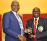 Managing Director of The Shell Petroleum Development Company of Nigeria Ltd (SPDC) & Country Chair, Shell companies in Nigeria, Osagie Okunbor (L), receives an award from the President of the Nigerian Association of Petroleum Explorationists (NAPE) Chikwendu Edoziem, in recognition of SPDC’s support as lead sponsor of the 33rd NAPE 2015 Pre-conference workshop in Lagos on November 9, 2015.
